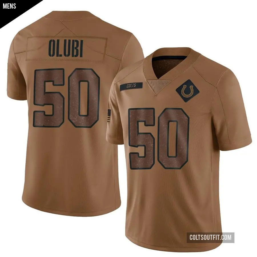 Men's Indianapolis Colts ＃50 Segun Olubi Brown Limited 2023 Salute To Service Jersey