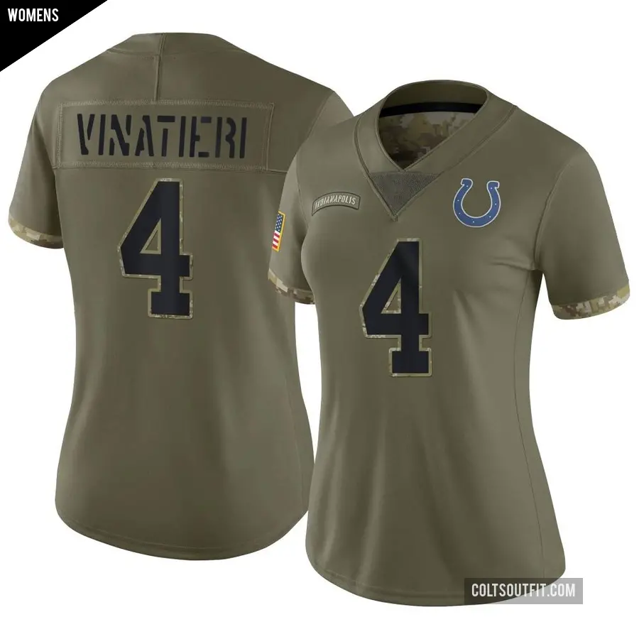 Women's Indianapolis Colts ＃4 Adam Vinatieri Olive Limited 2022 Salute To Service Jersey