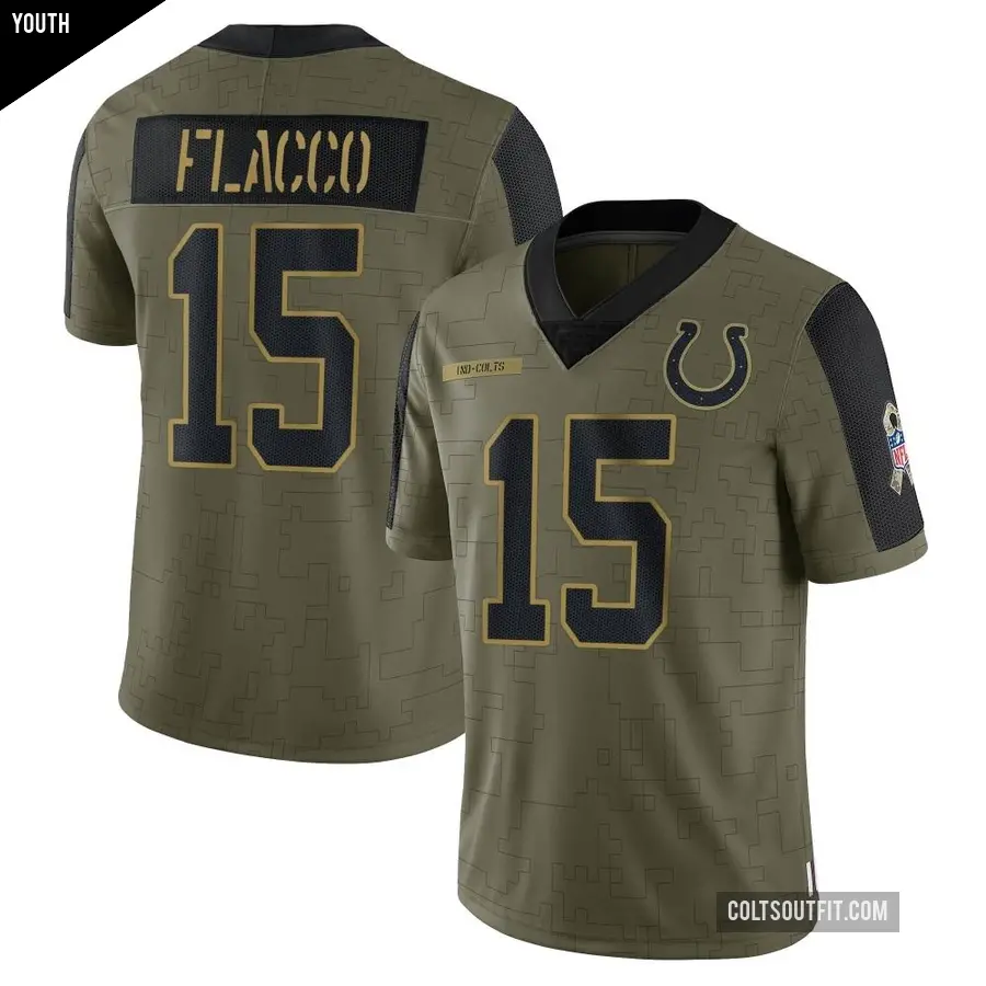 Youth Indianapolis Colts ＃15 Joe Flacco Olive Limited 2021 Salute To Service Jersey