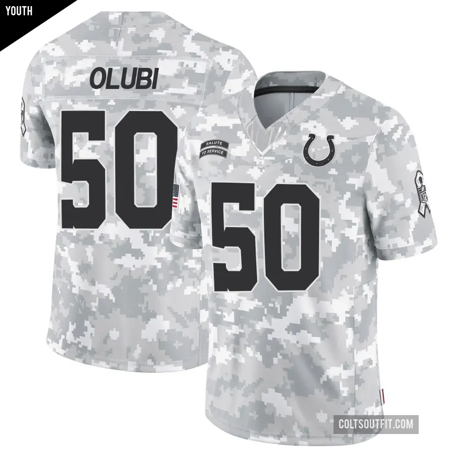 Youth Indianapolis Colts ＃50 Segun Olubi Arctic Camo Limited 2024 Salute to Service Jersey